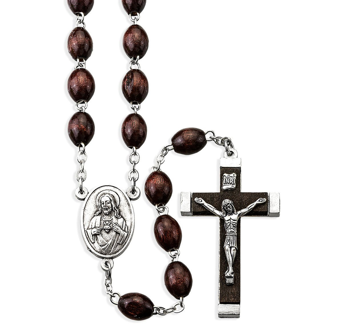 Brown oval boxwood rosary beads with silver-tone centerpiece and wood-bound crucifix