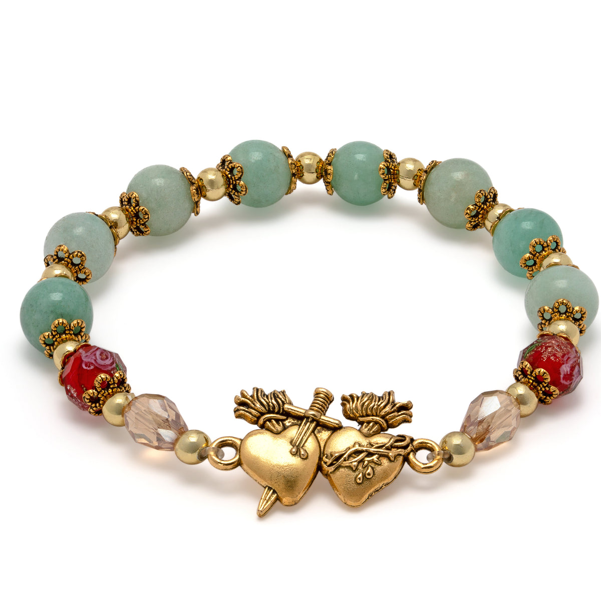 Bracelet with green beads, gold accents, and a heart-shaped clasp on a white background