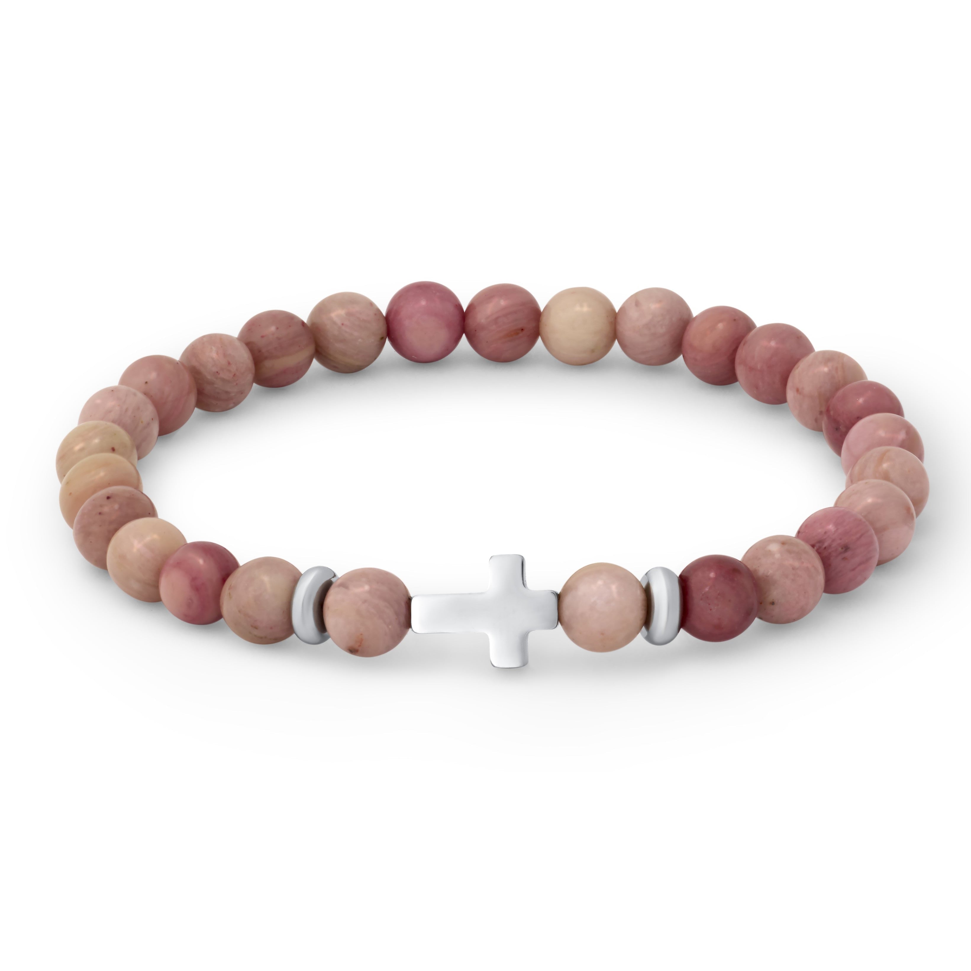 A beaded stretch bracelet featuring round pinkish-beige stone beads, two small silver spacer beads, and a central silver cross charm, displayed on a clean white background.