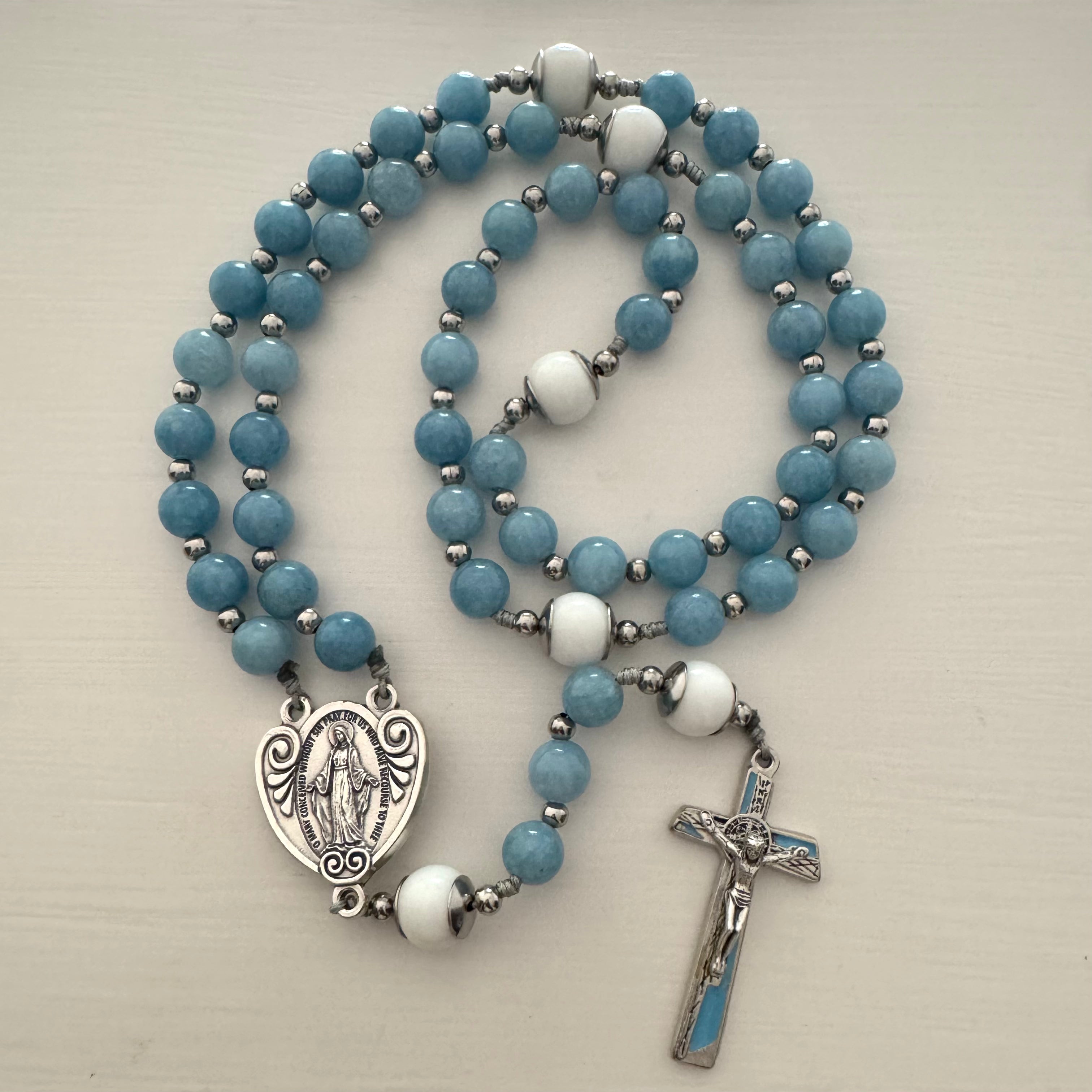Light Blue Italian Natural Stone Miraculous Medal Rosary