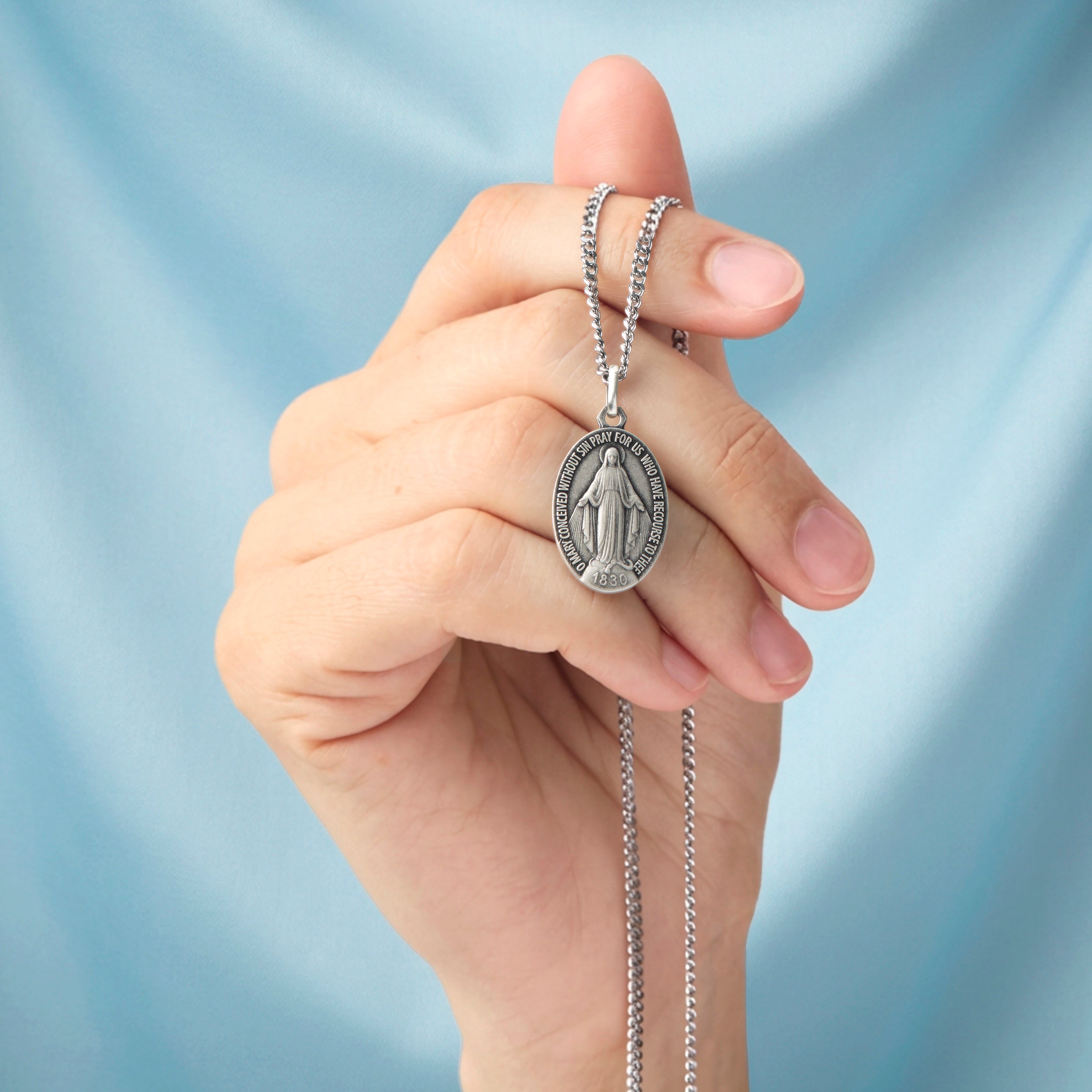 Sterling Silver Lourdes Miraculous Medal Necklace