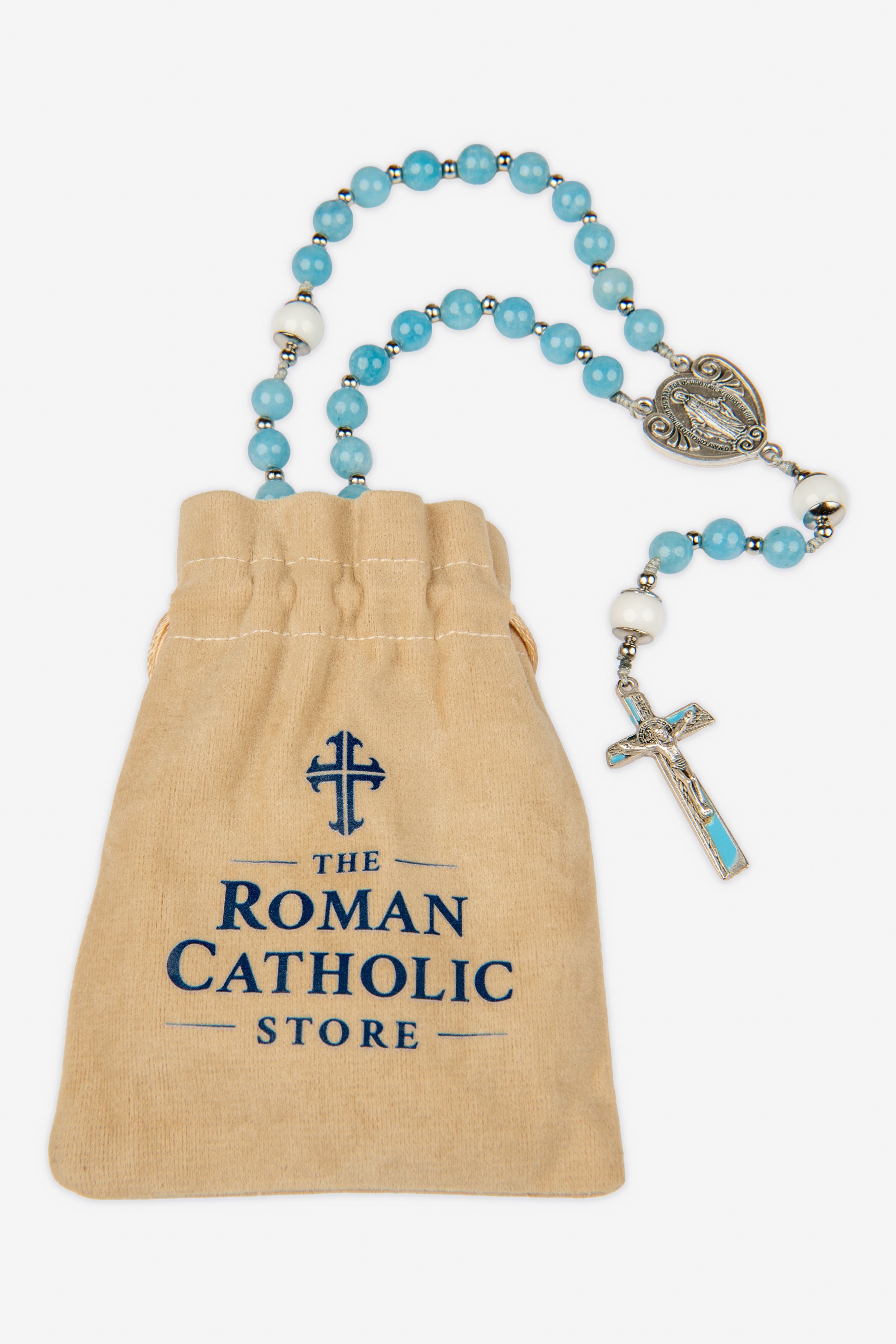 Light Blue Italian Natural Stone Miraculous Medal Rosary