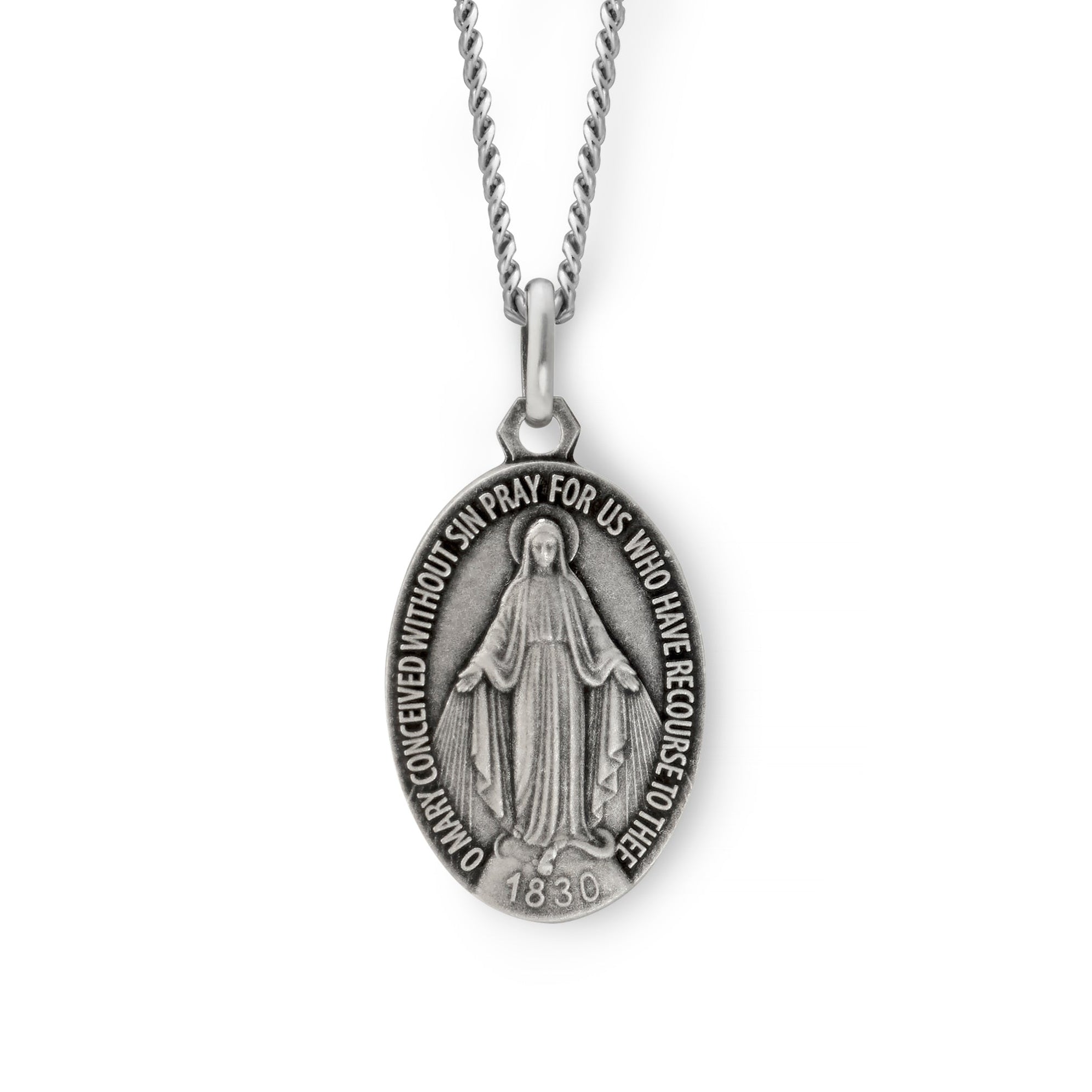 Silver Miraculous Medal pendant necklace on a matching chain, shown against a plain white background.