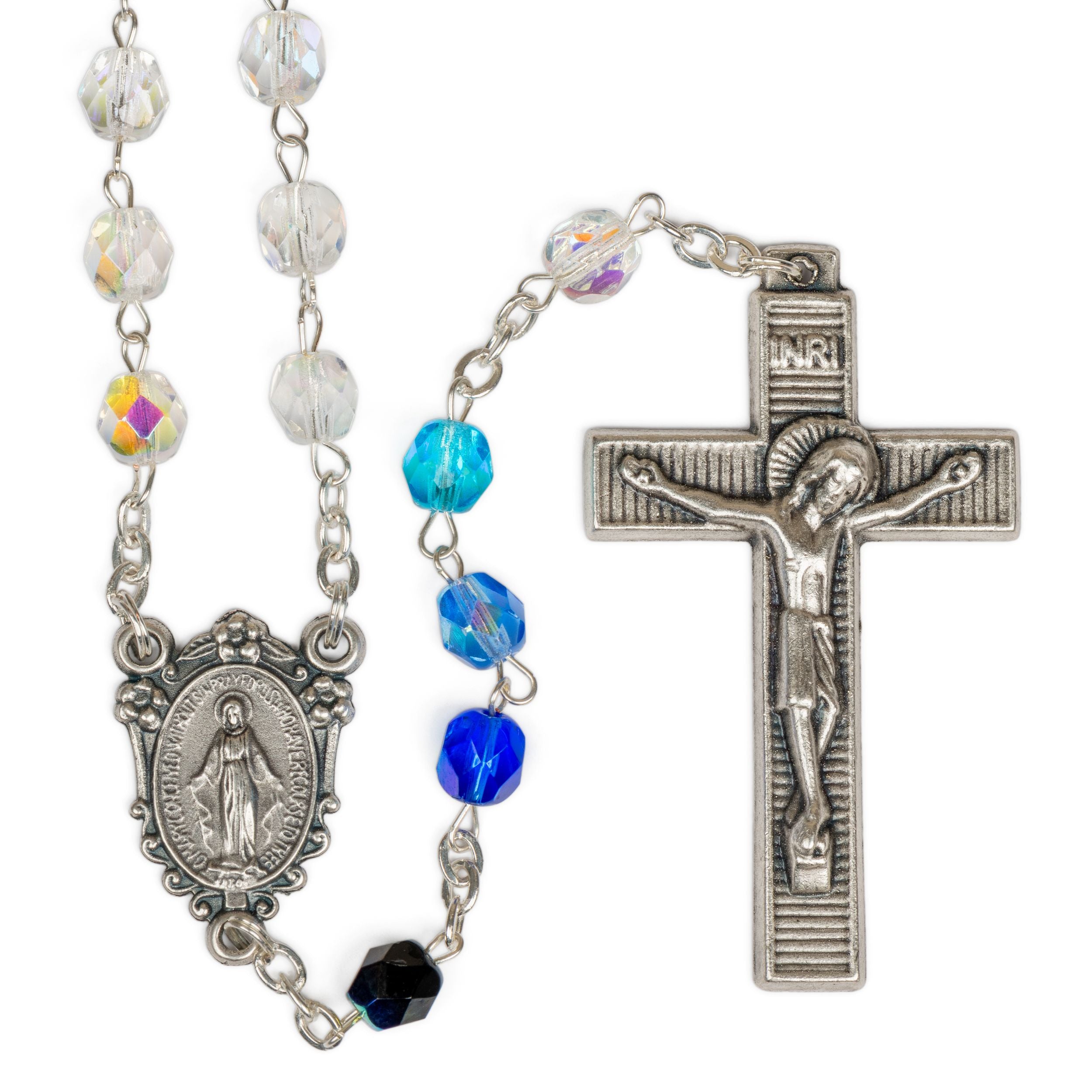 Tricolor Blue Crystal Miraculous Medal Rosary