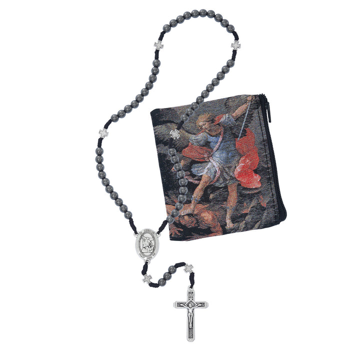 6 mm Hematite Corded St. Michael Rosary with Pouch