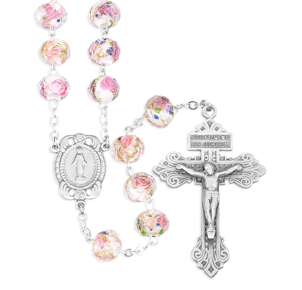 White Glass Flower Bead Rosary with Genuine Pewter Crucifix and Center
