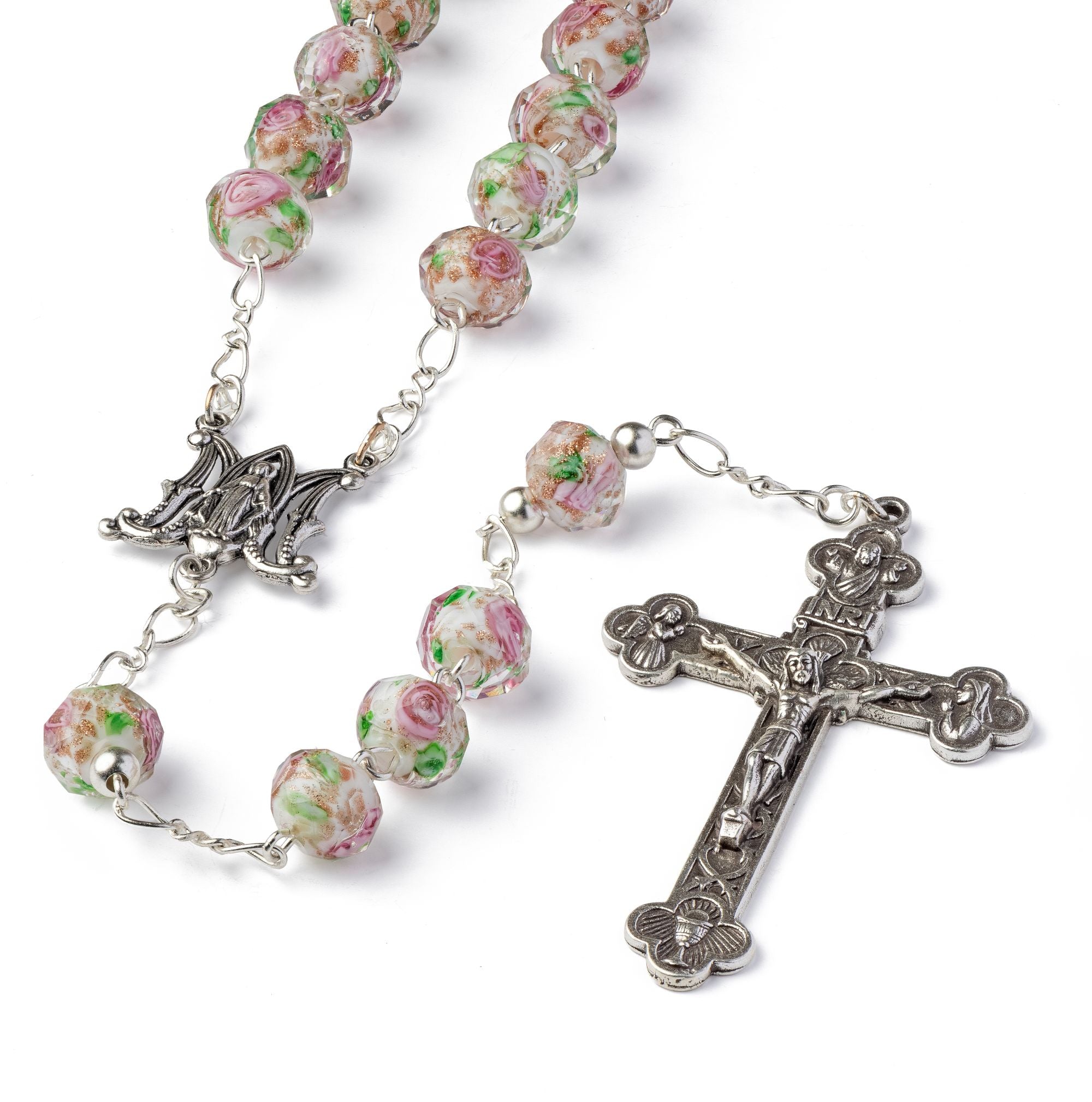 Floral glass rosary with pink rose beads, silver-tone centerpiece, and fleur-de-lis crucifix on a white background.