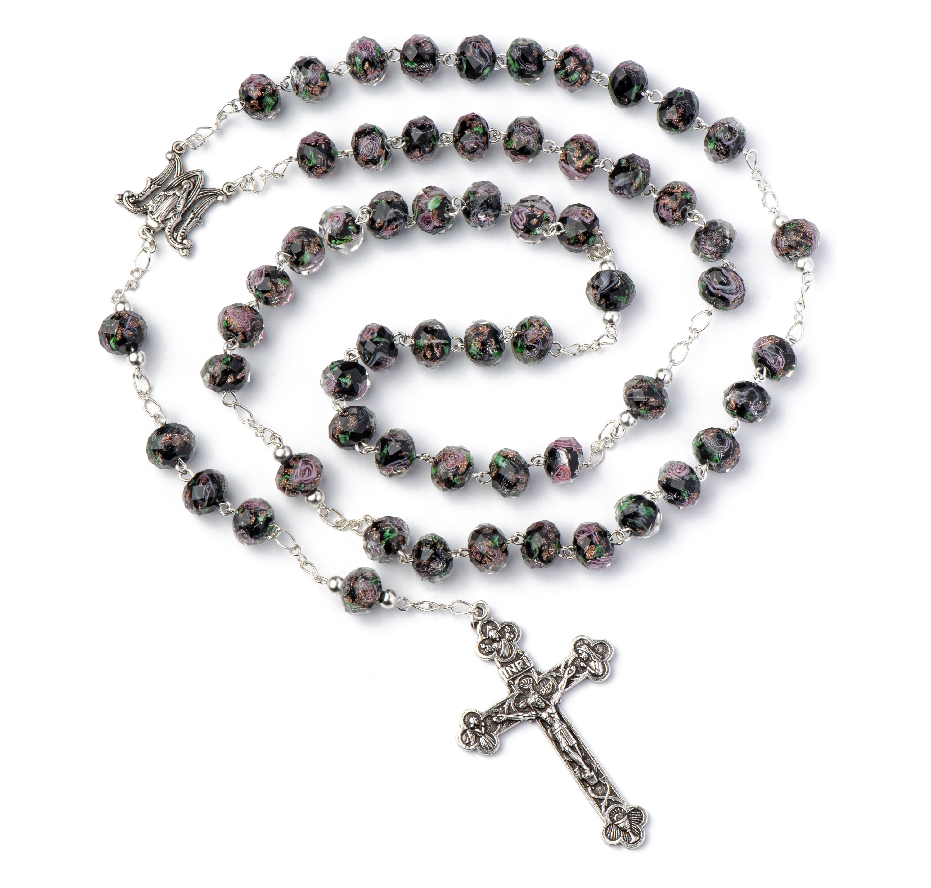 Rosary with black and silver beads on a white background