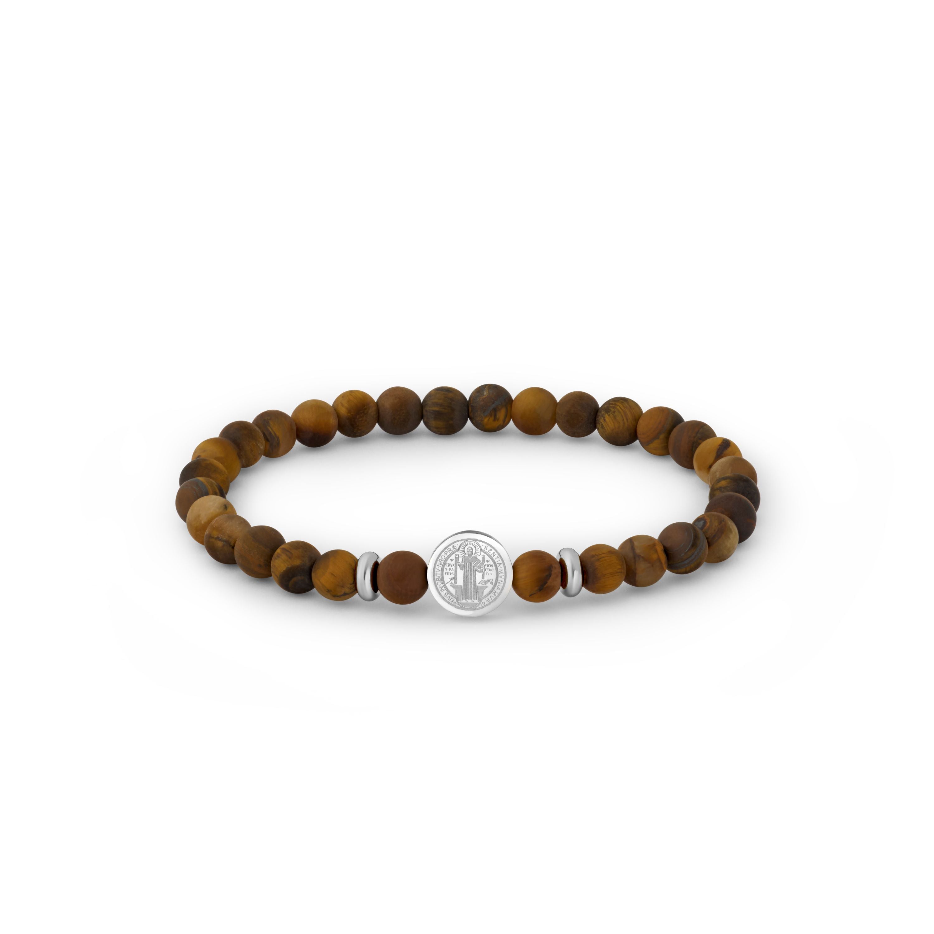 A beaded stretch bracelet made of round brown and golden-brown beads, featuring a central silver-toned round charm and two small silver spacer beads, shown on a plain white background.