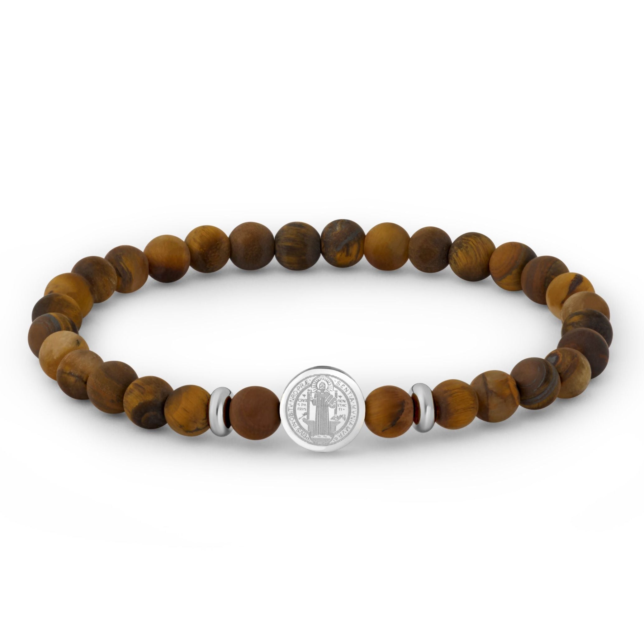A beaded stretch bracelet made of round brown and golden-brown beads, featuring a central silver-toned round charm and two small silver spacer beads, shown on a plain white background.