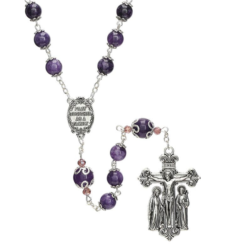 Holy Family Amethyst Rosary on white background showing centerpiece and crucifix detail