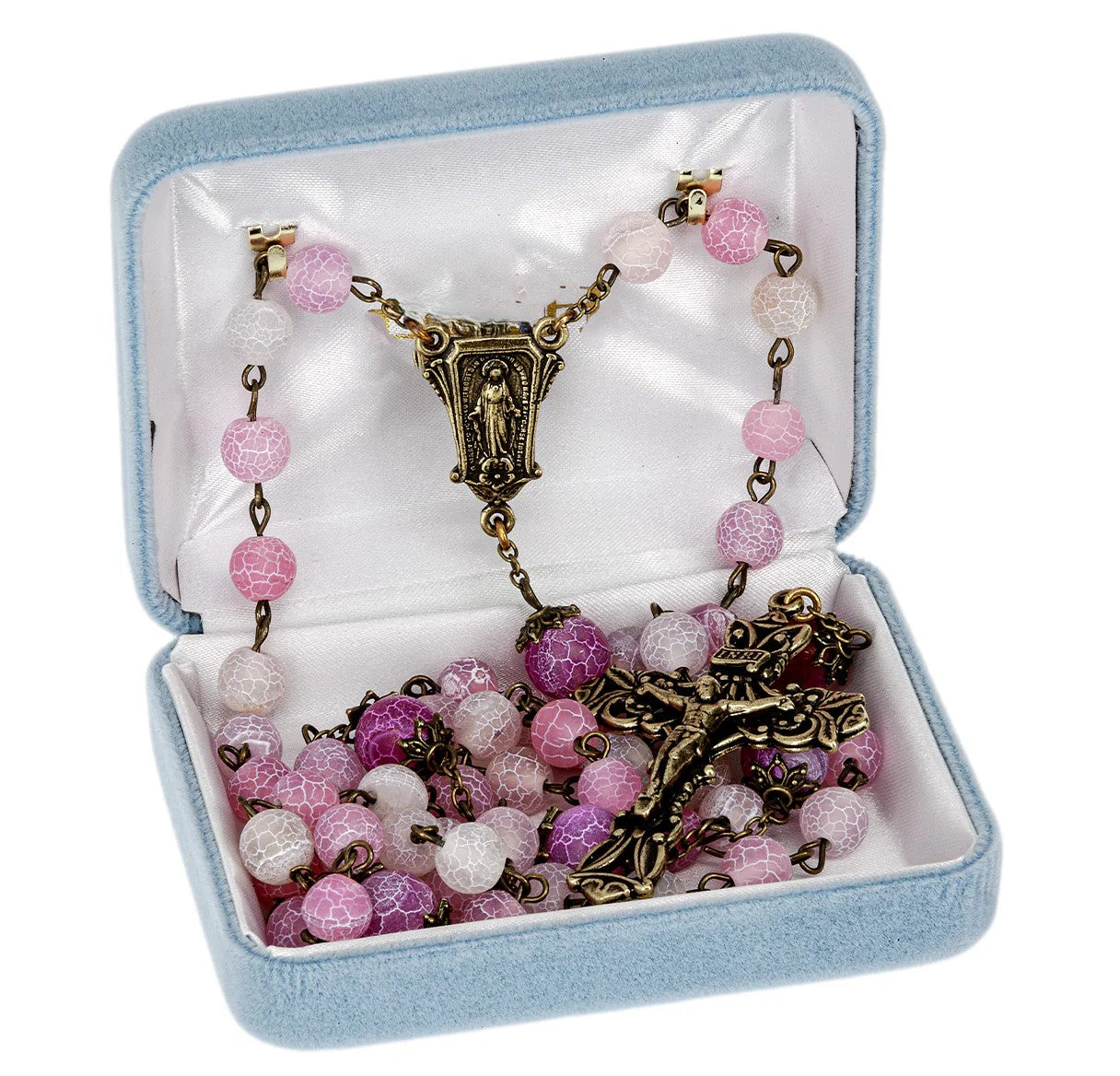 8mm Pink Crackled Glass Bead Rosary in antique bronze finish displayed in velvet gift box