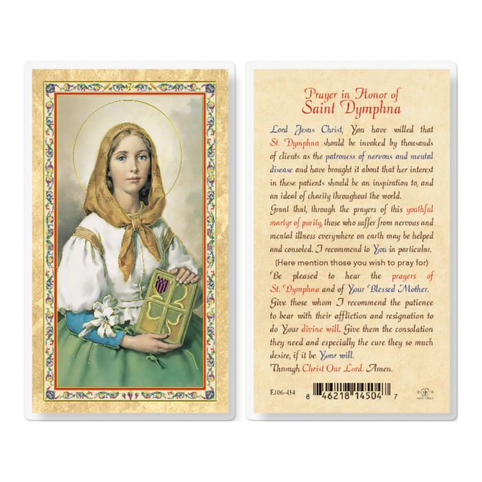 Saint Dymphna laminated prayer card front and back, gold-stamped, artwork by Fratelli Bonella
