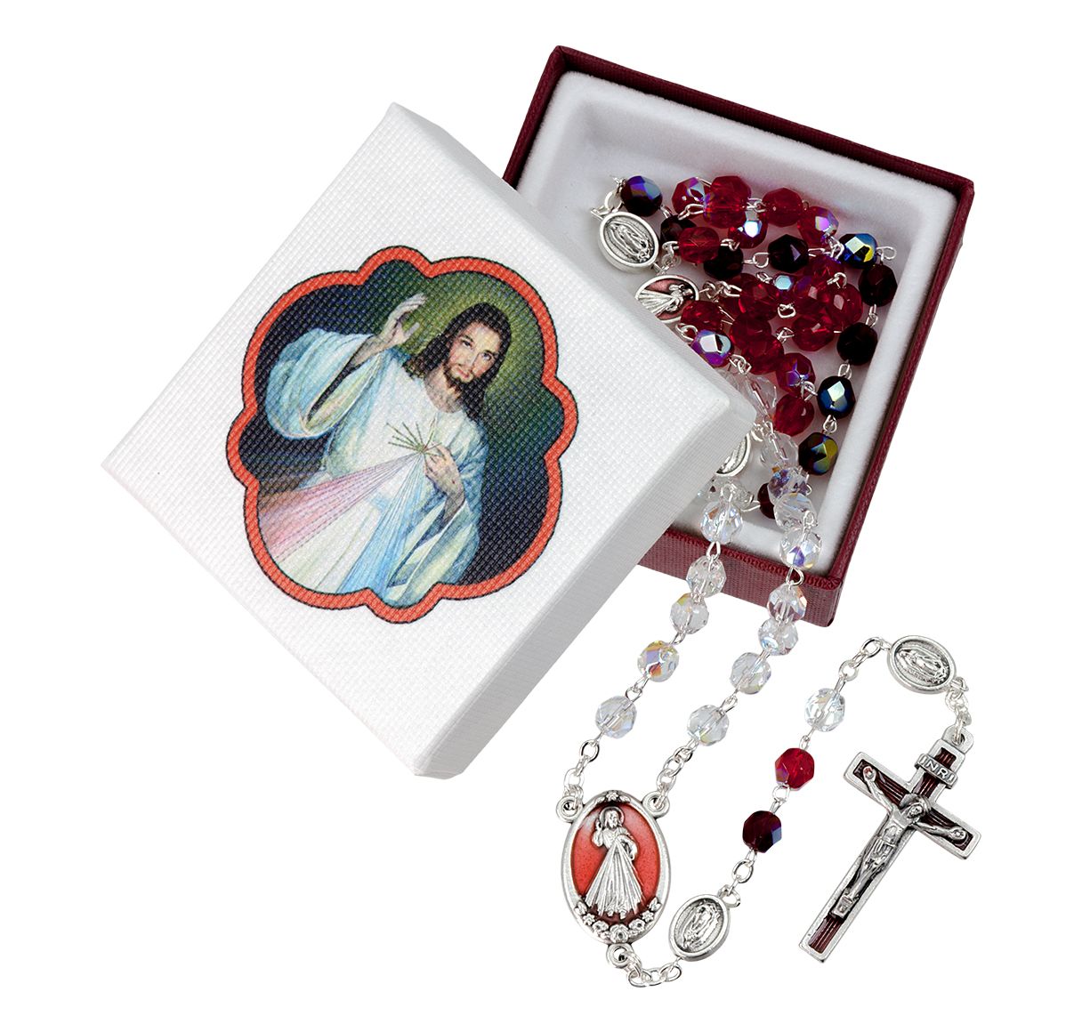 Rosary with red and clear beads in a wooden box with a religious image on the lid.