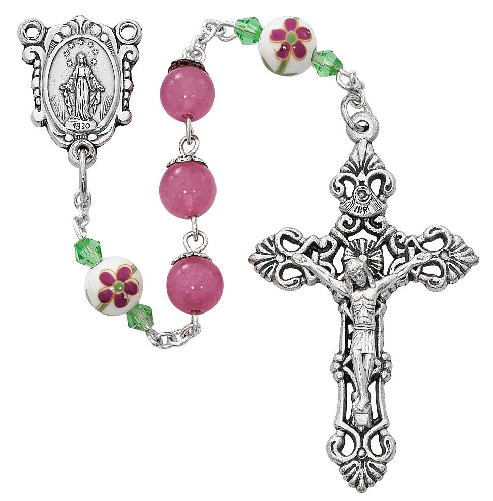 Pink Glass and Ceramic Bead Flower Rosary Medal McVan