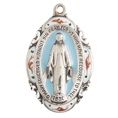 Silver/Blue Miraculous Medal with 18" Chain. The Roman Catholic Store