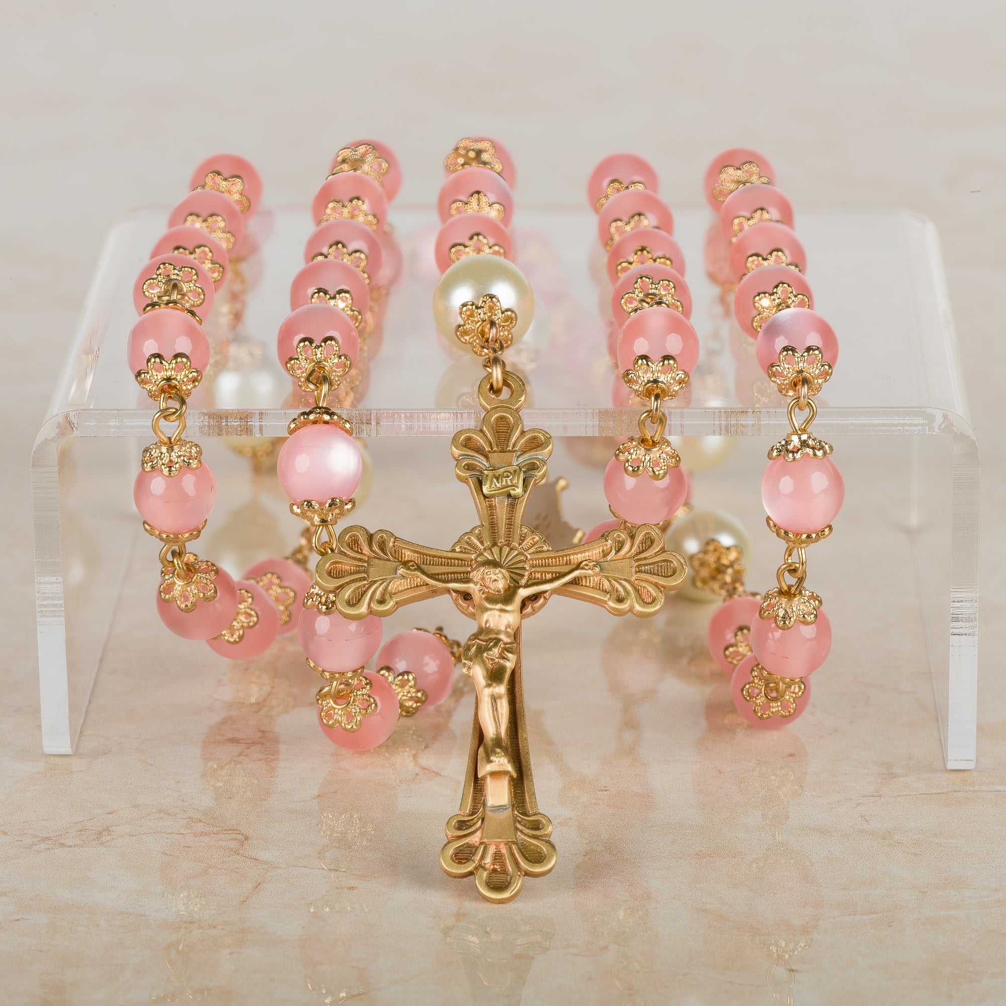 Vintage Brass Rosary with Pink Beads Rosary HMH