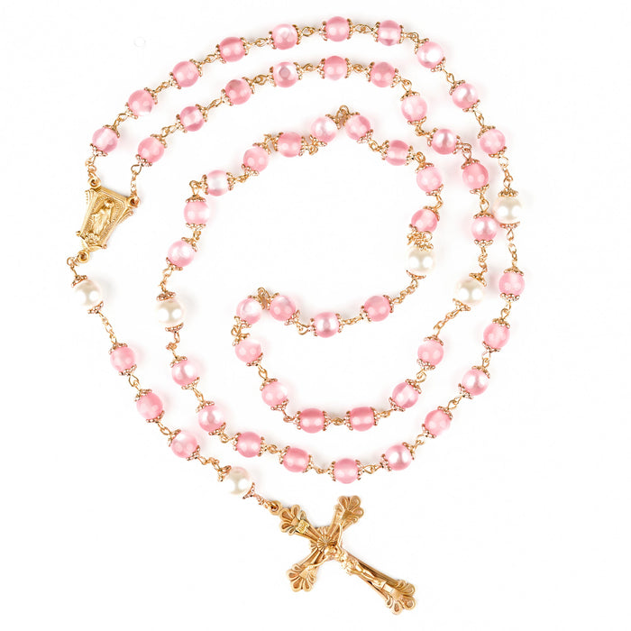 Vintage Brass Rosary with Pink Beads Rosary HMH 