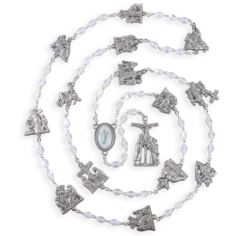 While Glass Bead Stations of the Cross Rosary