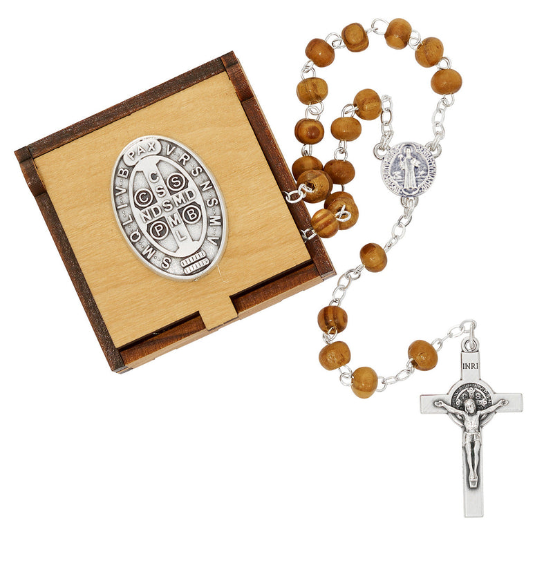 St. Benedict Olive Wood Rosary with Wooden Keepsake Box – Made in Italy