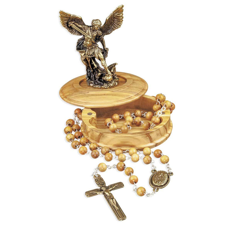 St. Michael Wood Bead Rosary with Keepsake Box – Made in Italy