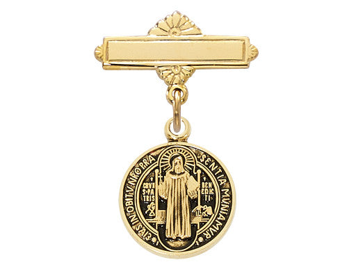Gold Saint Benedict Baby Bar Pin With Medal