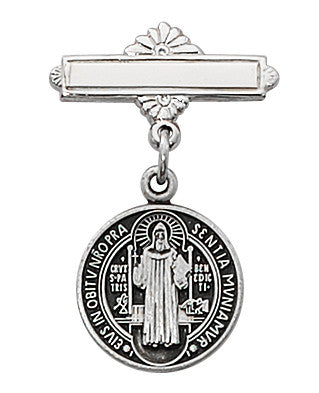Sterling Saint Benedict Baby Bar Pin With Medal
