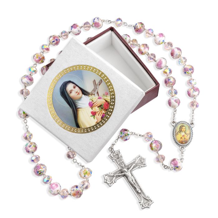 Saint Therese Floral Glass Bead Rosary – Handcrafted in Italy