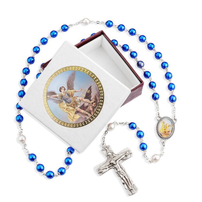 Blue Saint Michael Glass Rosary