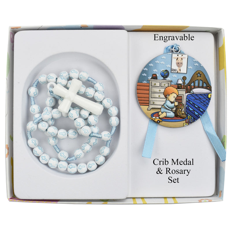 Personalizable Blue Crib Medal and Rosary Set