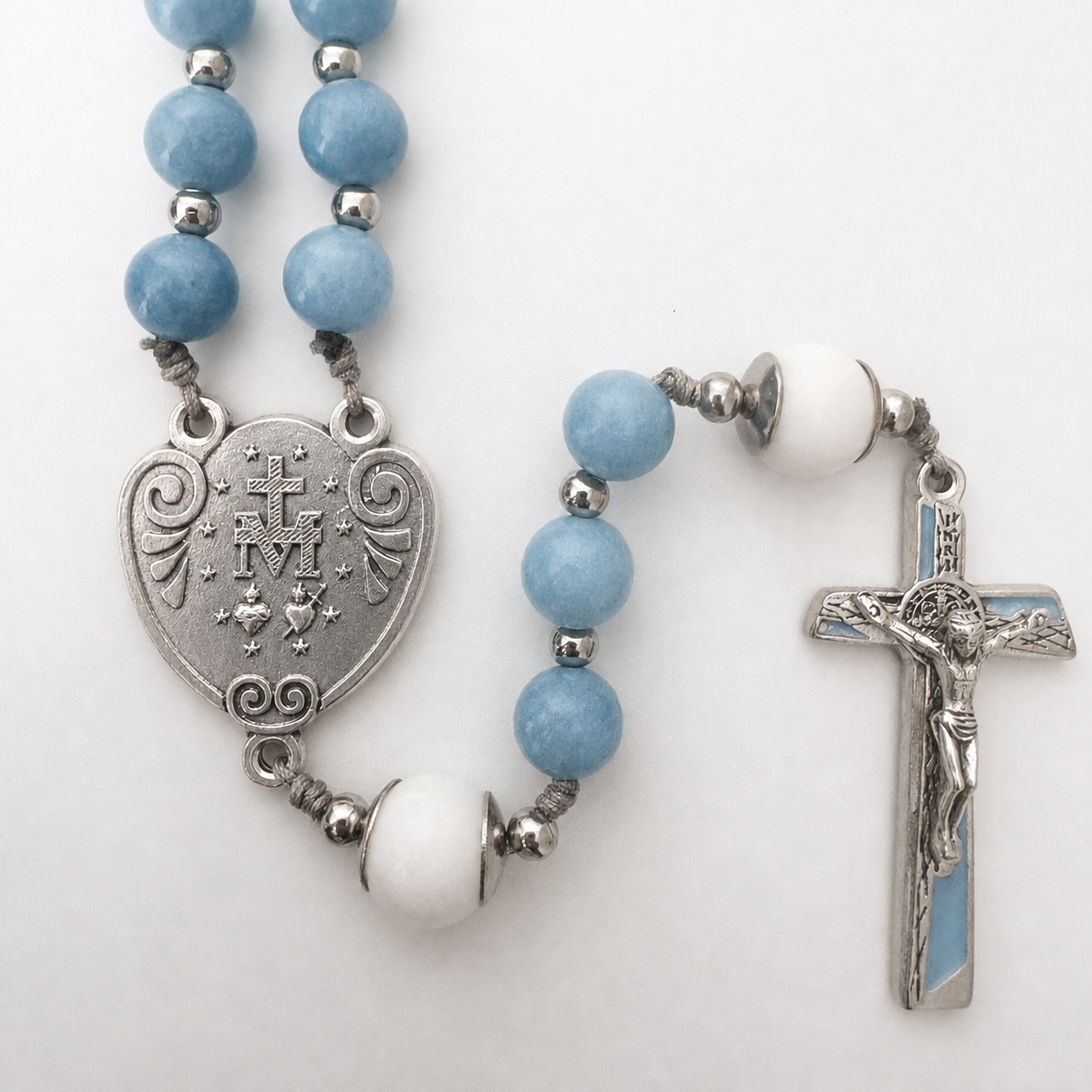 Light Blue Italian Natural Stone Miraculous Medal Rosary