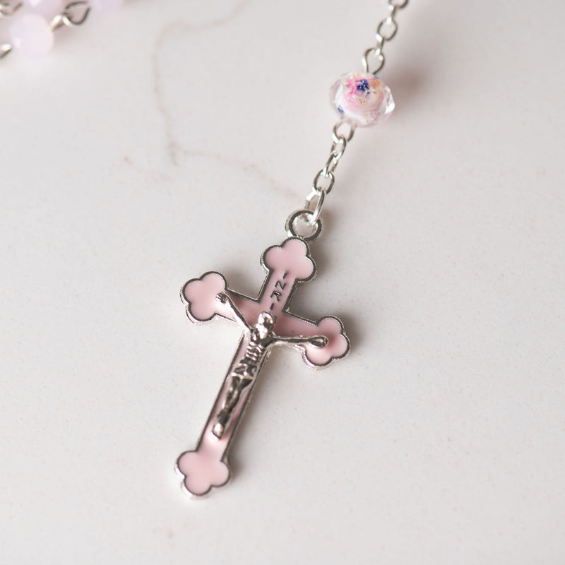 Pink First Communion Rosary with Chalice Center