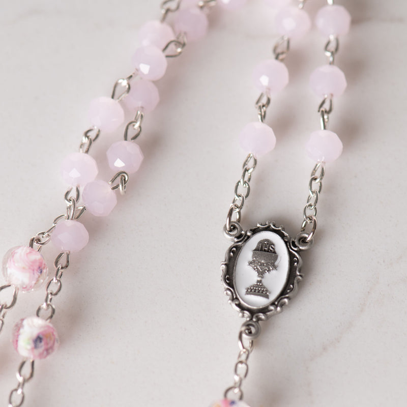 Pink First Communion Rosary with Chalice Center