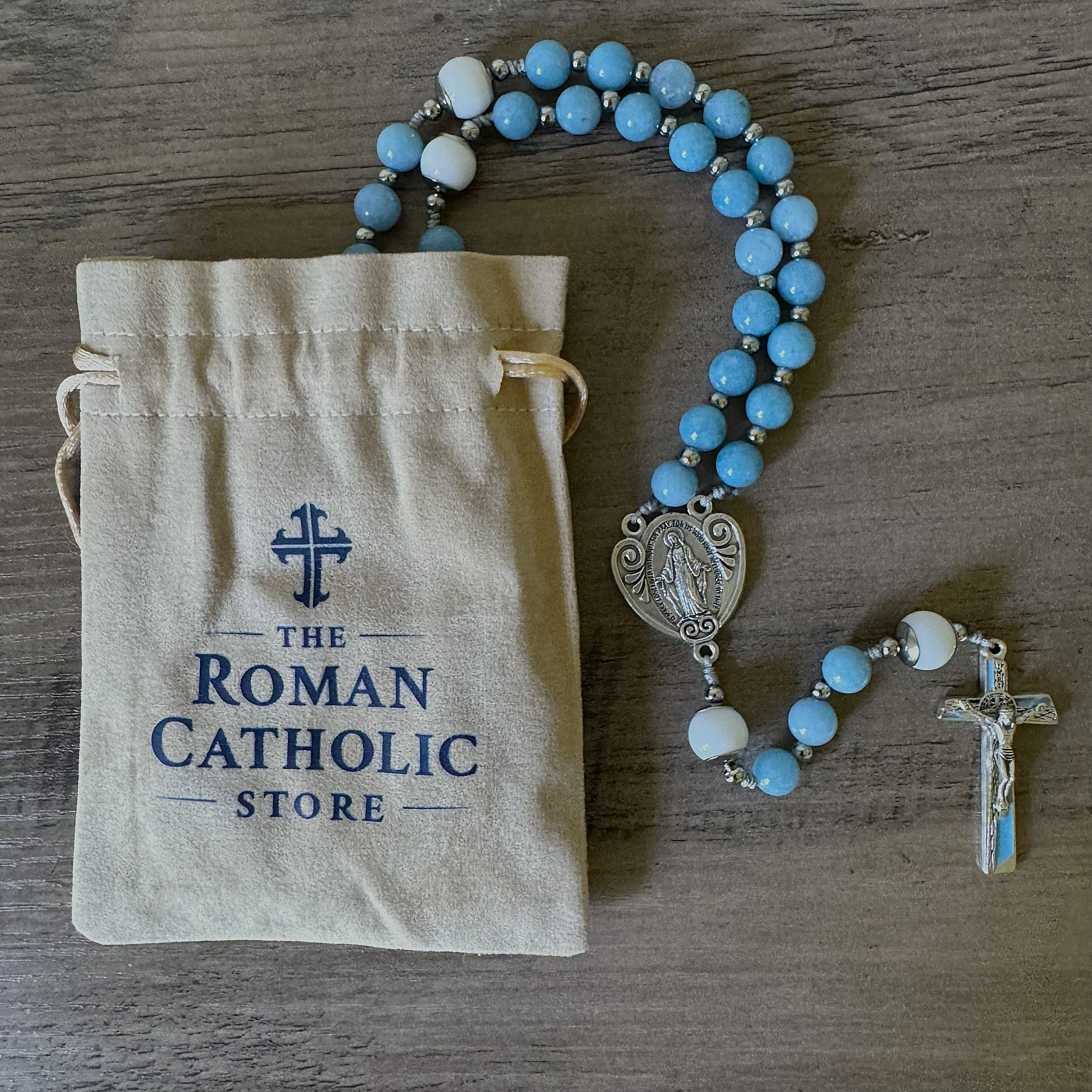 Light Blue Italian Natural Stone Miraculous Medal Rosary