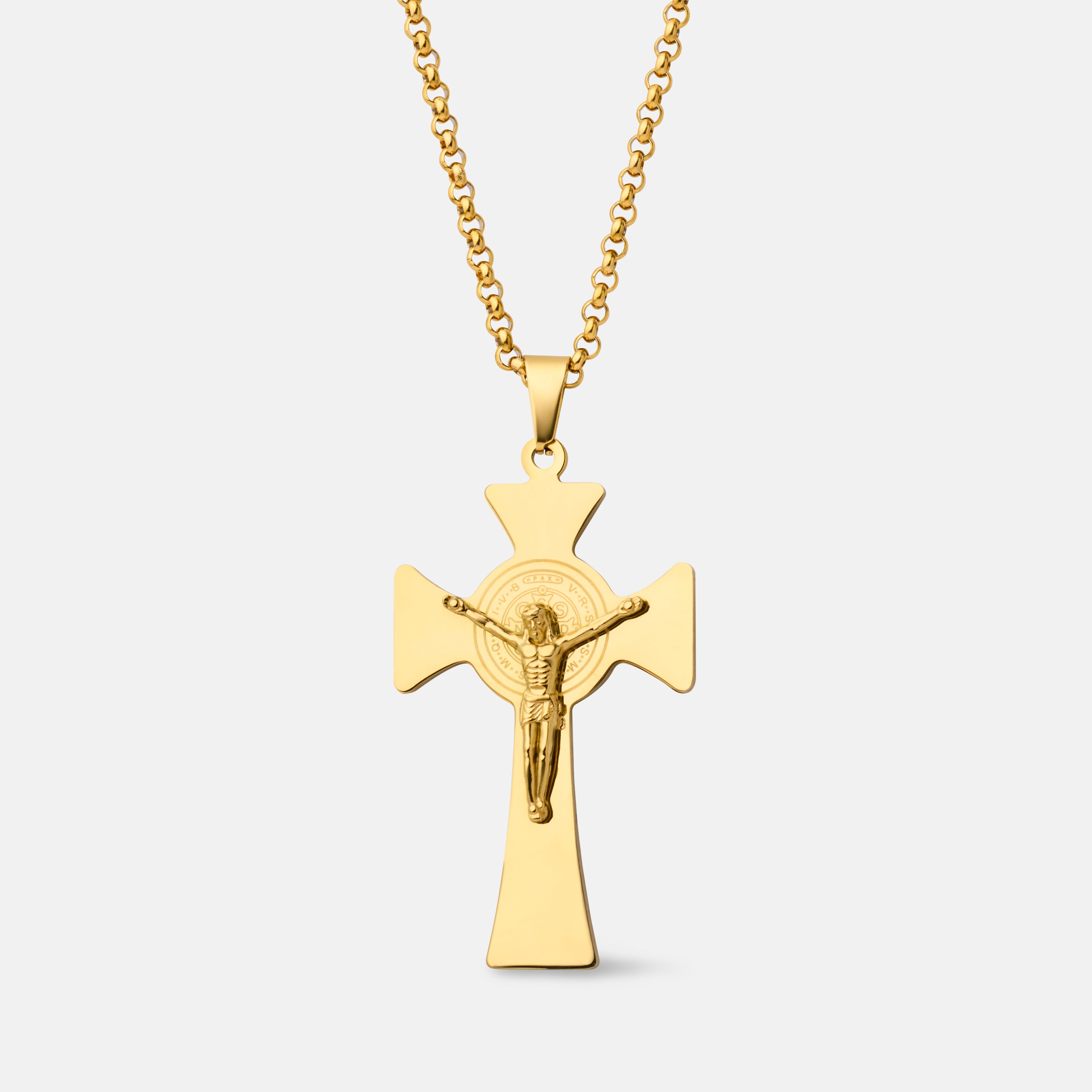 Gold Saint Benedict Jubilee Crucifix Necklace