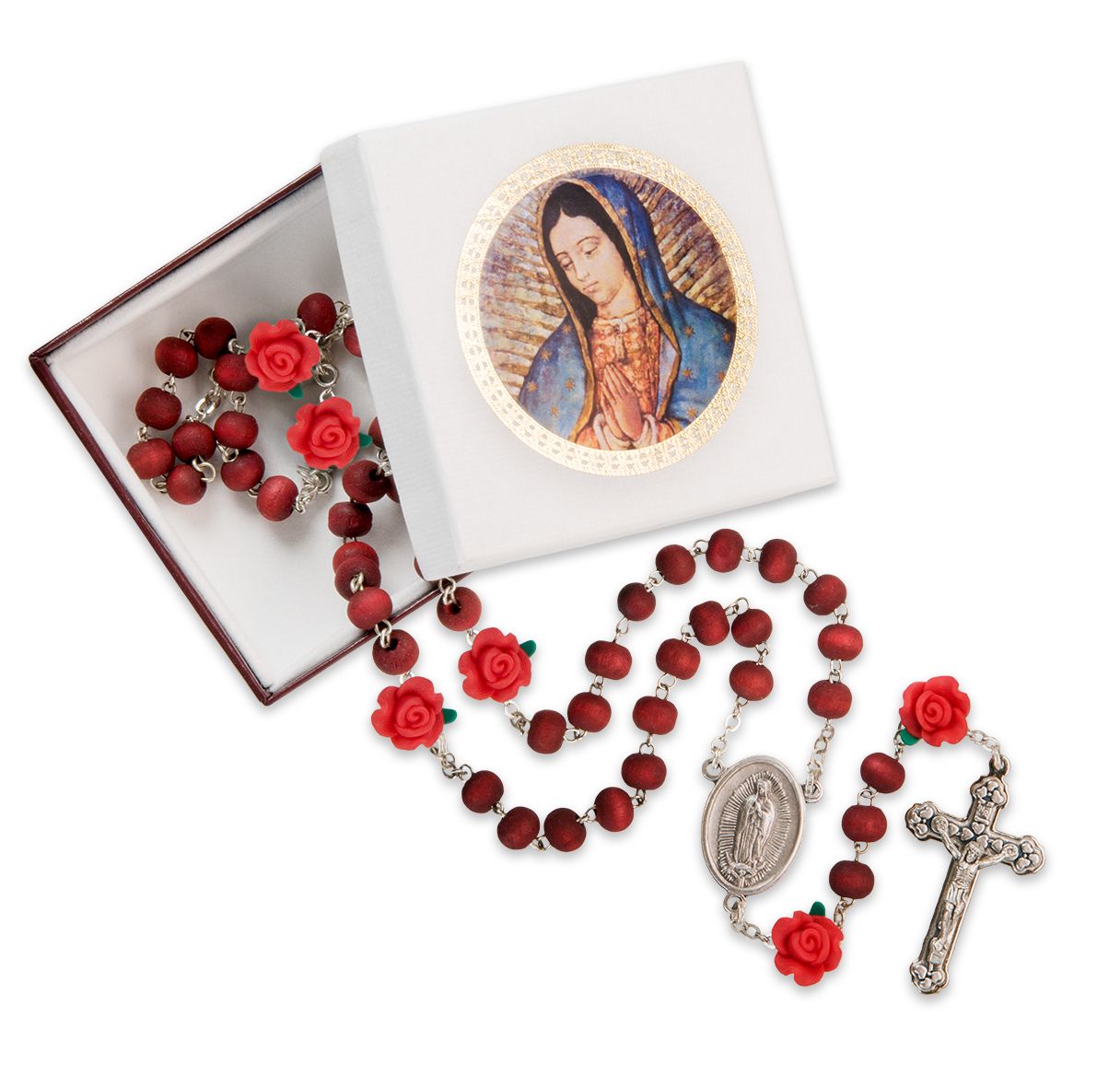 Red wooden rosary with rose beads and silver crucifix in decorative box featuring Virgin Mary image.