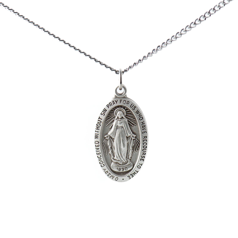 Sterling Silver Oval Miraculous Medal w 18 inch Chain