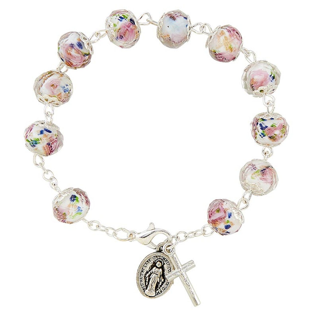 Pink Hand-Painted Glass Rosary Bracelet
