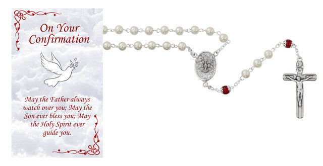 Pearl Confirmation Rosary With Red Our Father Beads