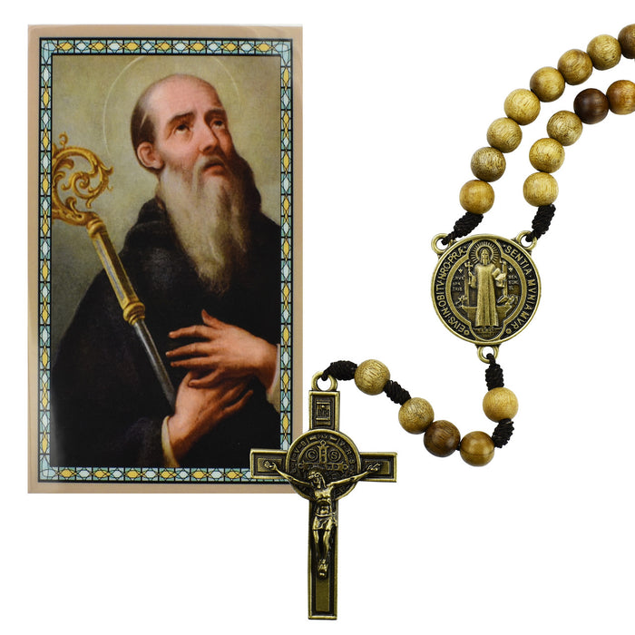 10 mm Wood Antique Gold Saint Benedict Rosary