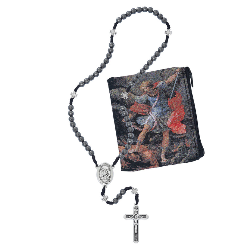 6 mm Hematite Corded St. Michael Rosary with Pouch
