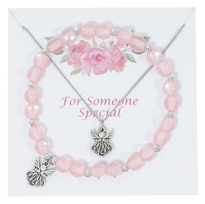 Pink Angel Necklace and Bracelet With Angel Charm