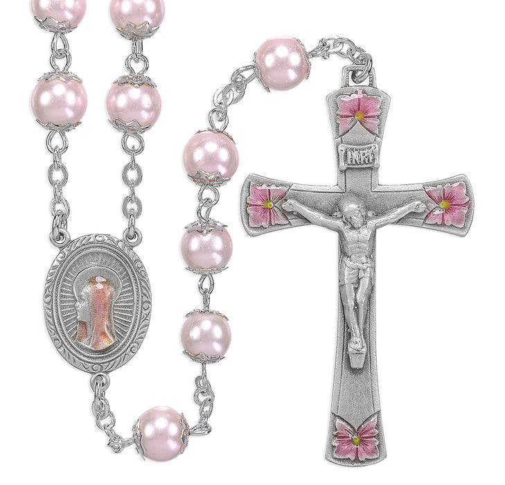 8mm Pink Glass Capped Bead Rosary with Pewter Crucifix