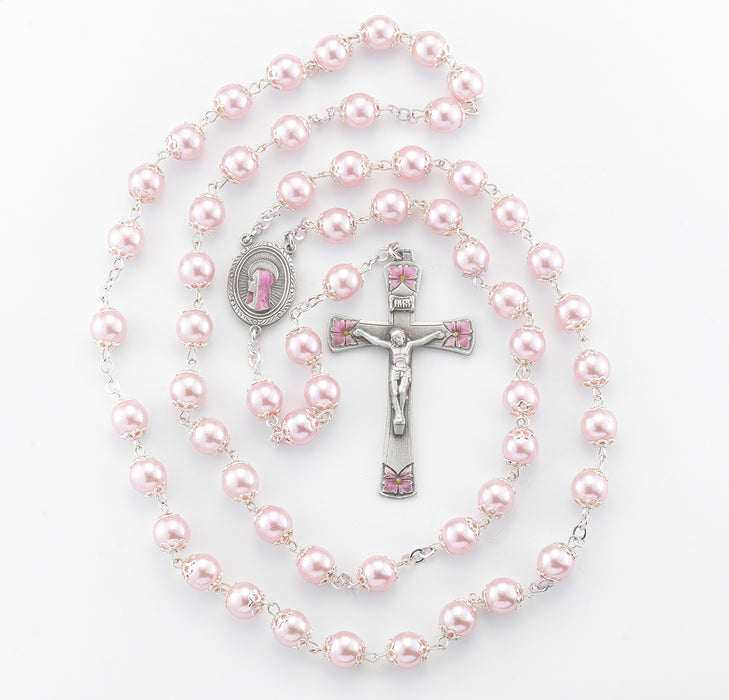 8mm Pink Glass Capped Bead Rosary with Pewter Crucifix