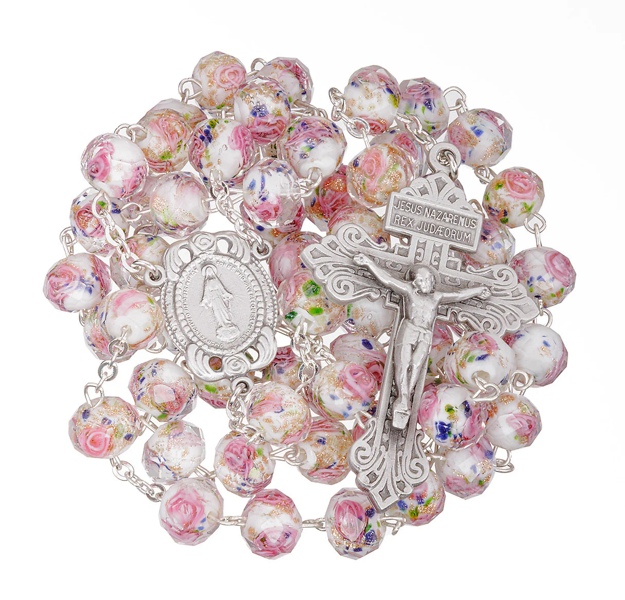 White Glass Flower Bead Rosary with Genuine Pewter Crucifix and Center