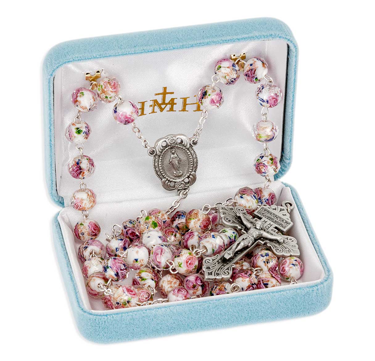 White Glass Flower Bead Rosary with Genuine Pewter Crucifix and Center