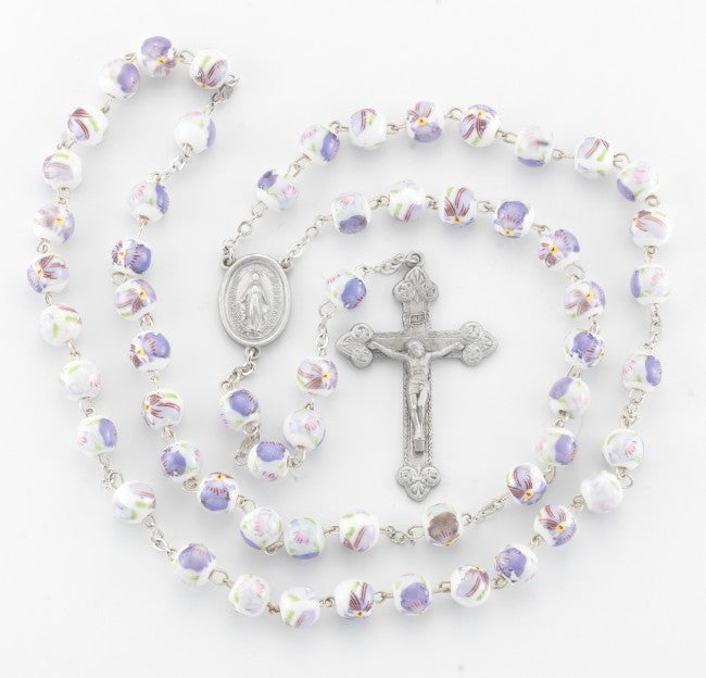 8mm Amethyst Glass Flower Bead Rosary