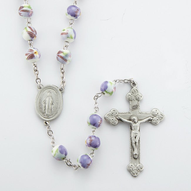8mm Amethyst Glass Flower Bead Rosary