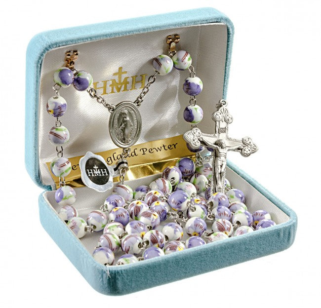 8mm Amethyst Glass Flower Bead Rosary