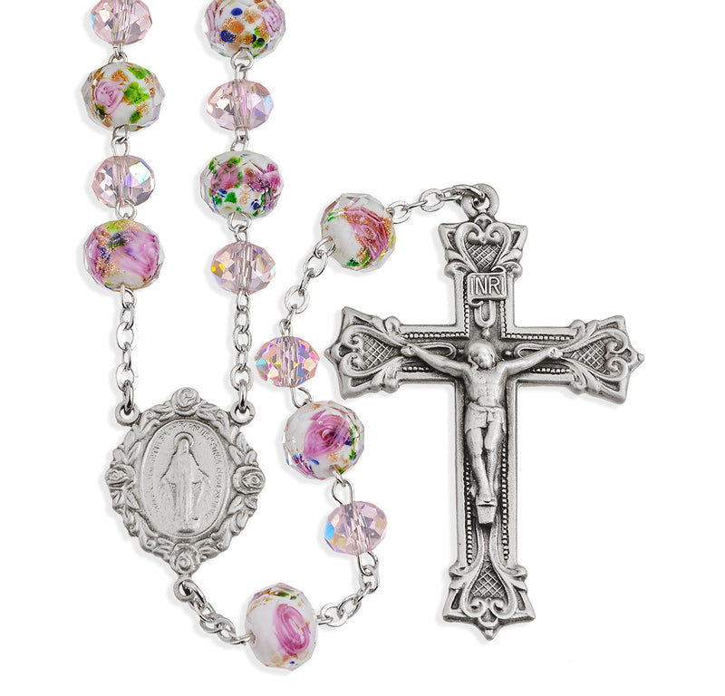 White and Pink Glass Flower Bead Rosary